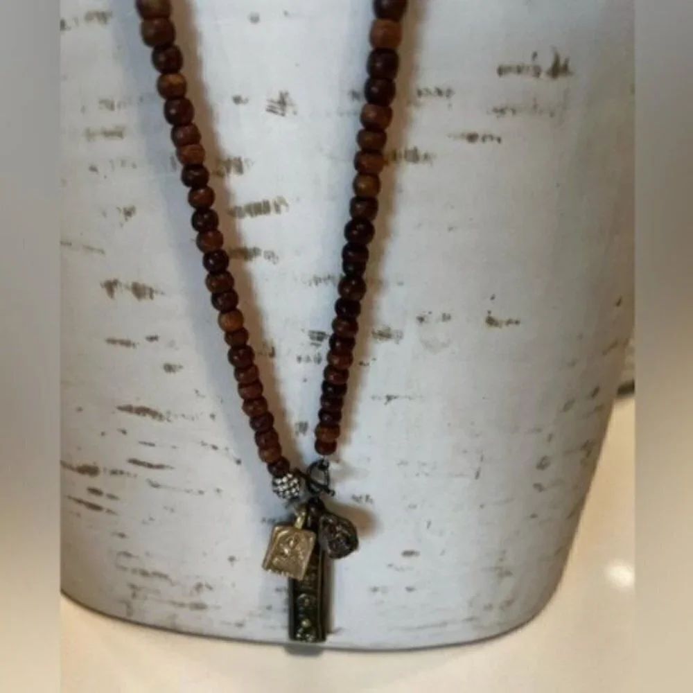 Wood Beaded Necklaces for Women with Gold Pendant - Gold Necklace for Women - Picture 3 of 7
